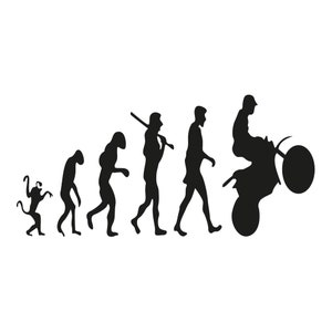 Könnte beinhalten: Eine Schwarzweiß-Silhouettenillustration der Evolution des Menschen, beginnend mit einem Affen und endend mit einer Person, die ein Dirtbike fährt.