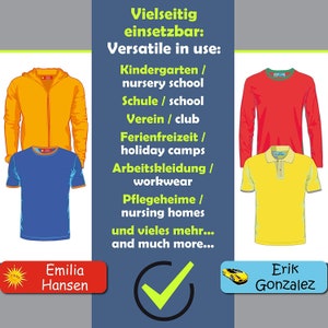 May include: A graphic showing different types of clothing, including a yellow hooded sweatshirt, a blue t-shirt, a red long-sleeve t-shirt, and a yellow polo shirt. The text reads "Vielseitig einsetzbar: Versatile in use: Kindergarten / nursery school Schule / school Verein / club Ferienfreizeit / holiday camps Arbeitskleidung / workwear Pflegeheime / nursing homes und vieles mehr... and much more..."  Emilia Hansen and Erik Gonzalez are also shown.