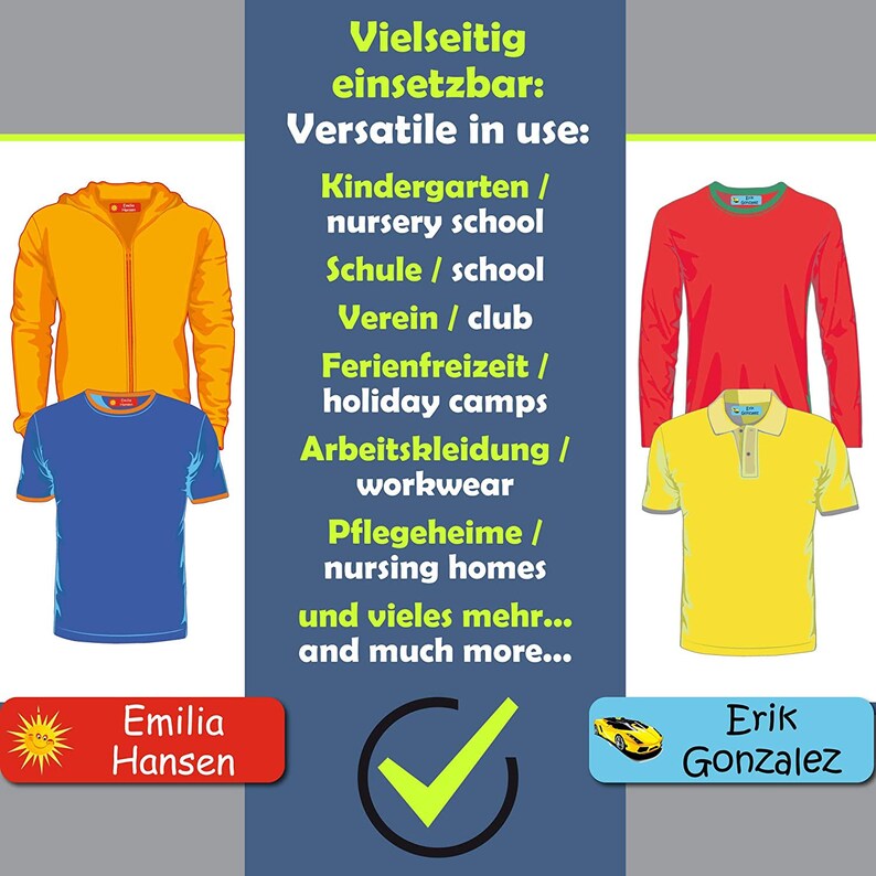 May include: A graphic showing different types of clothing, including a yellow hooded sweatshirt, a blue t-shirt, a red long-sleeve t-shirt, and a yellow polo shirt. The text reads "Vielseitig einsetzbar: Versatile in use: Kindergarten / nursery school Schule / school Verein / club Ferienfreizeit / holiday camps Arbeitskleidung / workwear Pflegeheime / nursing homes und vieles mehr... and much more..."  Emilia Hansen and Erik Gonzalez are also shown.
