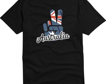 May include: Black t-shirt with a peace sign graphic featuring the Australian flag and the word "Australia" in white lettering.