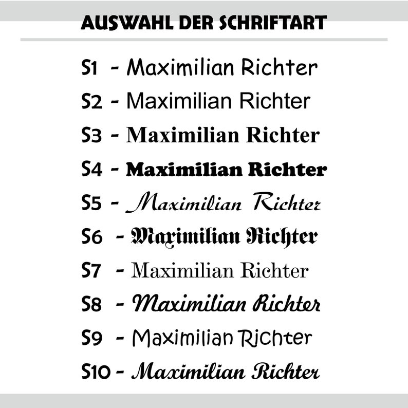 May include: A selection of different font styles for the name "Maximilian Richter". The fonts range from simple to ornate.