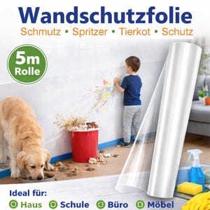 May include: A roll of clear wall protection film, labeled as 5 meters. The image shows a child painting on a wall, a dog, and a red bucket with debris, suggesting the film's use in protecting surfaces from messes. Text on the image reads "Wandschutzfolie".