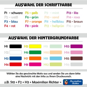 May include: A chart with color swatches for choosing font and background colors for a design project. The chart includes color names in German, such as "schwarz" (black) and "wei&szlig;" (white).