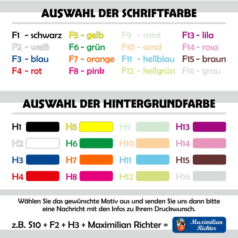 May include: A chart with color swatches for choosing font and background colors for a design project. The chart includes color names in German, such as "schwarz" (black) and "wei&szlig;" (white).