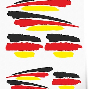 Könnte beinhalten: Satz mit sechs schwarzen, roten und gelben Aufklebern mit deutschem Flaggenmuster. Die Aufkleber haben die Form einer gezackten Linie und eignen sich perfekt, um jeder Oberfläche einen Hauch von deutschem Stolz zu verleihen.
