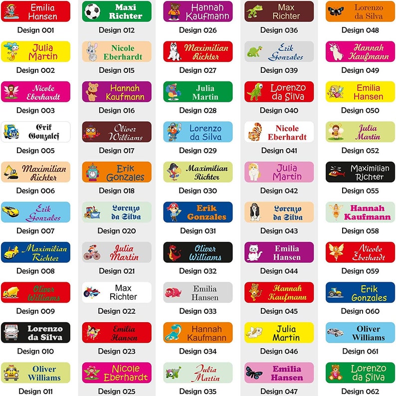 May include: A set of 62 colorful iron-on name labels with various designs. The labels feature different characters, animals, and vehicles. Each label includes a name and a design number.