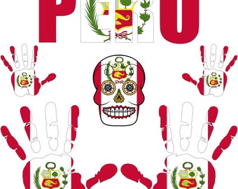 Sticker - peru - flag - set - skull - hand - lettering - 6-piece