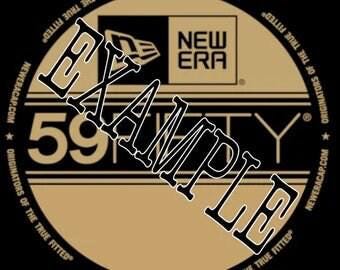 May include: A circular black and gold New Era hat emblem with the text "EXAMPLE" diagonally across the center. The emblem includes the New Era logo, the words "NEW ERA", and "59FIFTY". The text "ORIGINATORS OF THE TRUE FITTED" is also present.