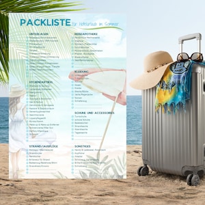 Pode incluir: Uma lista de embalagem para férias de hotel no verão. A lista inclui categorias para itens essenciais, artigos de higiene pessoal, roupas, sapatos, acessórios, itens de praia e itens diversos. A lista está impressa em uma folha de papel branca com uma cena de praia azul e branca no fundo. Uma mala de viagem prateada com um chapéu de palha e uma toalha de praia no topo está em primeiro plano.