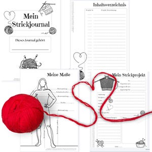 Könnte beinhalten: Ein Strickjournal mit mehreren Seiten, das schwarz-weiße Strichzeichnungen von Wollknäueln, Stricknadeln und einer menschlichen Figur für Körpermaße enthält. Ein großes, leuchtend rotes Wollknäuel liegt mit einem losen Faden auf den Seiten.