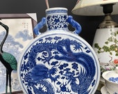 12 inch Chinoiserie double ear moon flask blue white vase flat vase jar Chinese blue white vase jar dragon phoenix