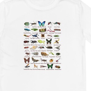 May include: White long-sleeve shirt featuring a colorful insect chart. The graphic includes various insects with their names below. The shirt is made of a soft, comfortable material.
