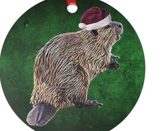 Holiday Beaver with Santa Hat Metal Ornaments