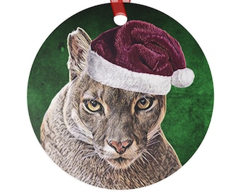 Holiday Cougar with Santa Hat Metal Ornaments