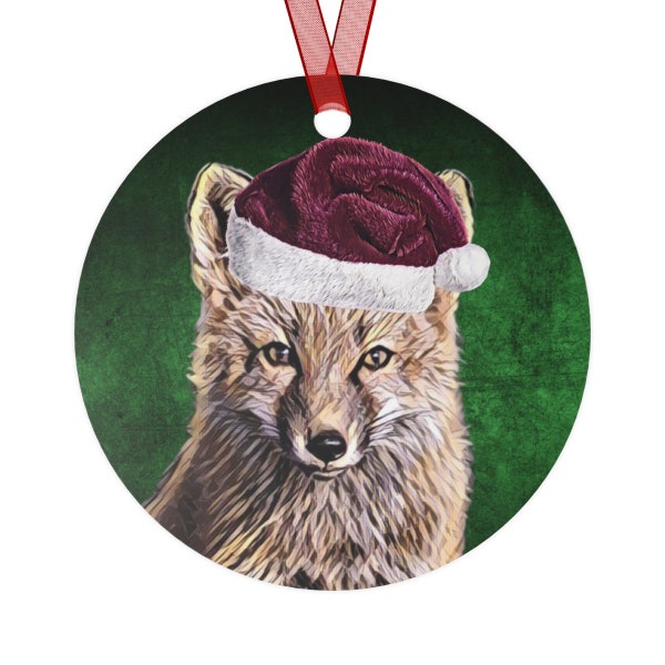 Holiday Fox with Santa Hat Metal Ornaments