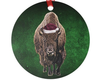 Holiday Bison (Buffalo) with Santa Hat Metal Ornaments