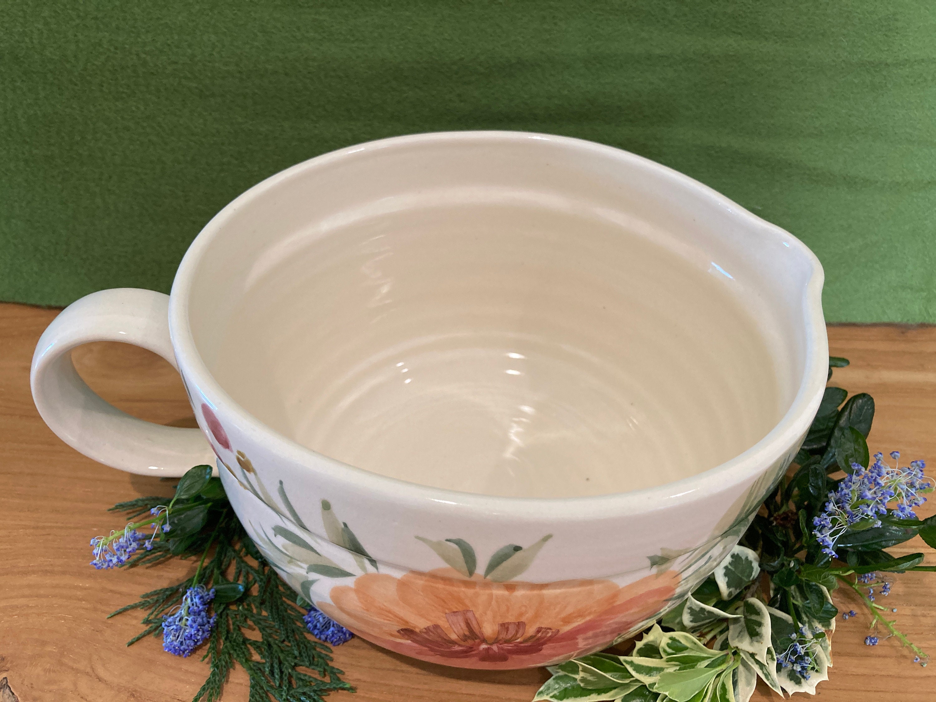 Handthrown hand painted mixing bowl with handle and spout Etsy