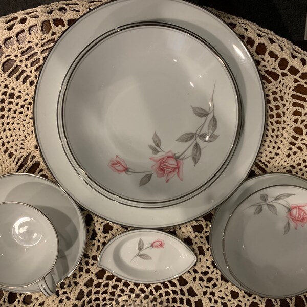 Vintage Noritake China, RoseMarie Pattern, #6044 Rose Pattern, Platinum Trim, 8 Piece Place Setting, 1959-1975 Appear Never Used.