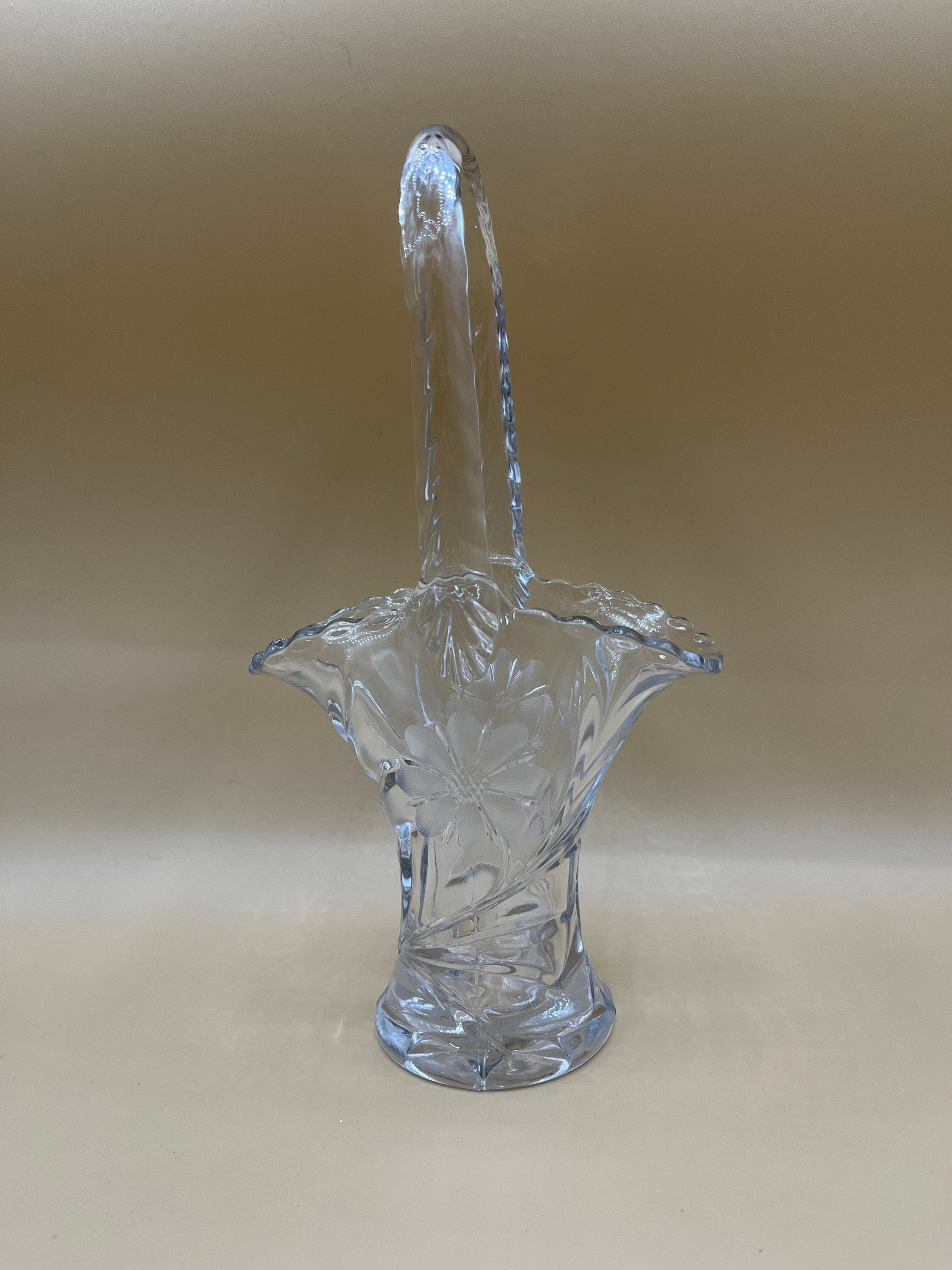 Vintage brides Basket Pressed Glass, Etched Flower, With cut Stems, Scalloped Basket Rim