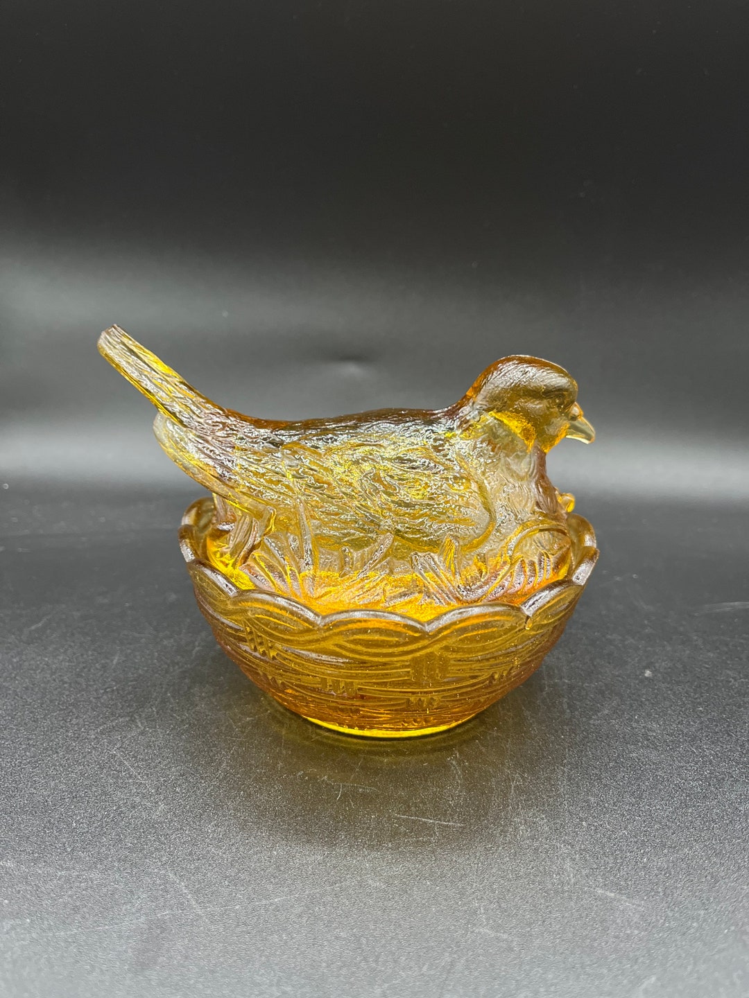 Vintage Amber Glass Bird on Nest Covered Candy Dish. Made in the 1960s