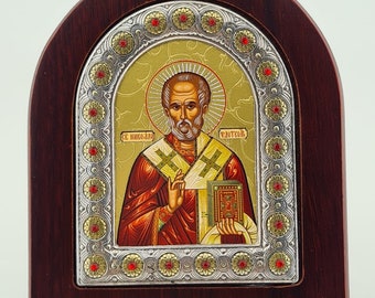 925 Silver ST.Nicholas icons with Wooden Frame Handmade,Greek Icon
