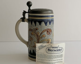 Original Gerz Beer Stein Beer Mug Floral Blue,German Lidded Zinn Beer Stein,German Beer Mug
