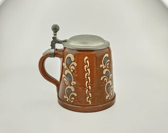 Original German Zinn Lidded Beer Stein,German Beer Mug,Handpainted