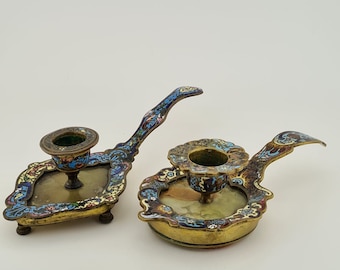 Antique French Champleve Enameled  Two Candle Holders