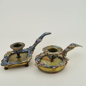 Antique French Champleve Enameled  Two Candle Holders