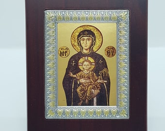 925 Silver St. Virgin Mary icon with Wooden Frame Handmade,Greek Icon