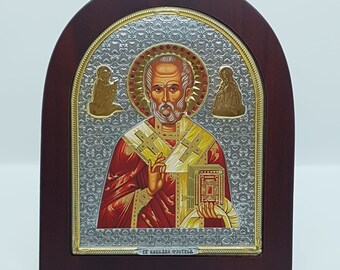 925 Silver St.Nicholas icon with Wooden Frame Handmade,Greek Icon