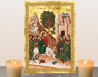 Jesus Triumphal entry into Jerusalem icon,Orthodox icon,Greek Icon,Canvas on Wood,Wall hanging,Clear Stand,Religious Gift,Palm Sunday