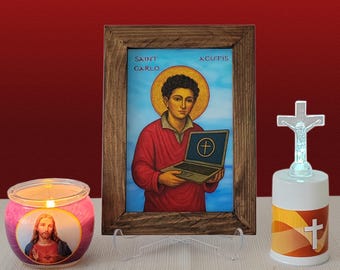Saint Carlo Acutis icon,Opalescent Glass icon,Catholic icon,Wood Frame,Wall Hang,Clear Stand,Catholic icon,St.Carlo Acutis,Religious Gift