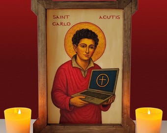 Saint Carlo Acutis icon,Opalescent Glass Catholic Icon,Wooden Frame,Catholic icon,Handmade,Religious Gift