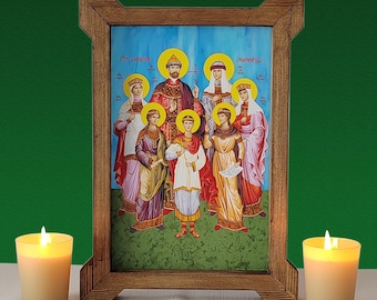 Tsar Nicholas II of Russia and Family icon,Opalescent Glass Orthodox icon,Wooden Frame,Royal Martyrs Romanov Family,Religious Gift
