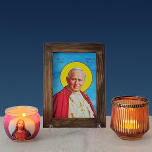 Icône du pape Saint Jean-Paul II, icône en verre opalescent, icône catholique, cadre en bois, suspension murale, support transparent, icône catholique, cadeau religieux