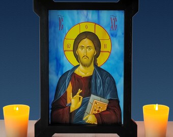 Pantocrator Jesus Christ icon,Opalescent Glass Russian Orthodox Icon,Wooden Frame,Clear Stand,Jesus Icon,Russian Icon,Religious Gift