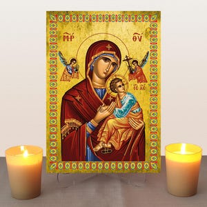 Our Lady of Perpetual Help icon,Mother Of God,Blessed Virgin Mary,Greek Orthodox icon,Canvas on Wood,Wall hanging,Clear Stand,Religious Gift