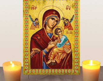 Our Lady of Perpetual Help icon,Mother Of God,Blessed Virgin Mary,Greek Orthodox icon,Canvas on Wood,Wall hanging,Clear Stand,Religious Gift
