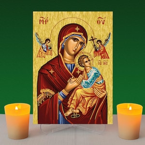 Our Lady of Perpetual Help,Mother Of God,Blessed Virgin Mary,Orthodox icon,Greek icon,Wood icon,Wall hanging,Clear Stand,Religious Gift