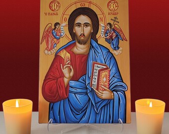 Pantocrator Jesus Christ icon,Orthodox icon,Greek Icona,Religious icon,Wooden icon,Wall hanging,Clear Stand,Byzantine icon,Religious Gift