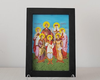 Tsar Nicholas II of Russia and Family icon,Opalescent Glass,Orthodox icon,Wood Frame,Wall Hang,Clear Stand,Royal Martyrs Romanov Family