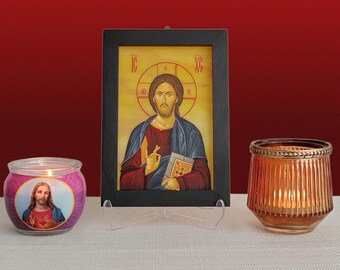 Pantocrator Jesus Christ icon,Opalescent Glass,Orthodox icon,Wood Frame,Wall Hang,Clear Stand,Jesus Icon,Russian Icon,Religious Gift