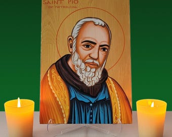 Saint Padre Pio icon,Religious icon,Wood icon,Wall hanging,Clear Stand,St.Pio Of Pietrelcina,Roman Catholic Icon,Gift idea,Religious Gift