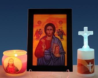 Pantocrator Jesus Christ icon,Opalescent Glass,Orthodox icon,Wood Frame,Wall Hang,Clear Stand,Jesus Icon,Greek Icon,Religious Gift