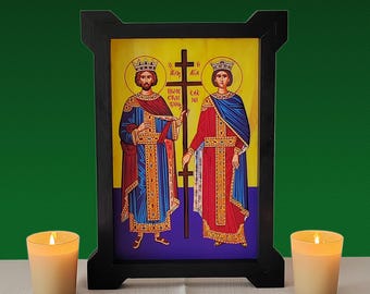 Saints Constantine and Helen icon,Opalescent Glass Orthodox Icon,Wooden Frame,Byzantine icon,Greek Icon,Handmade,Religious Gift