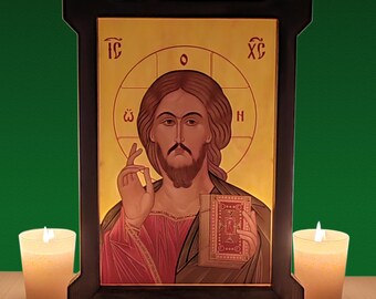 Pantocrator Jesus Christ icon,Opalescent Glass Russian Orthodox Icon,Wooden Frame,Clear Stand,Jesus Icon,Russian Icon,Religious Gift