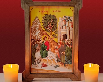 Jesus Triumphal entry into Jerusalem icon,Opalescent Glass Orthodox Icon Wooden Frame,Byzantine Orthodox icon,Greek Icon,Religious Gift