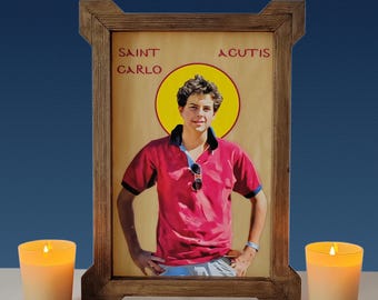 Saint Carlo Acutis icon,Opalescent Glass Catholic Icon,Wooden Frame,Catholic icon,Handmade,Religious Gift