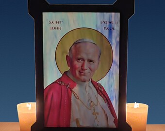 Pope Saint John Paul II icon,Opalescent Glass icon,Wooden Frame,Catholic icon,Handmade,Religious Gift